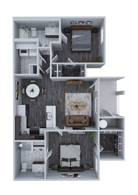 Floor plan for 2 beds, 2 baths, 1107 sqft